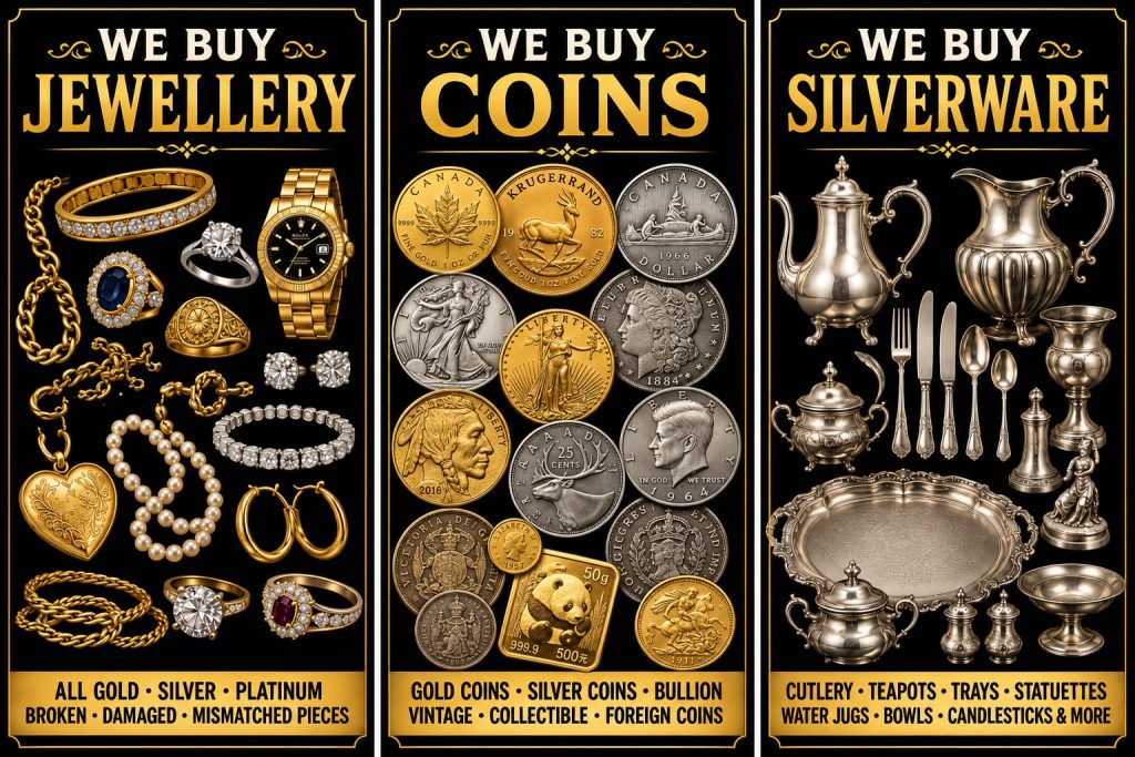 WE BUY JEWELLERY, COINS,SILVERWARE